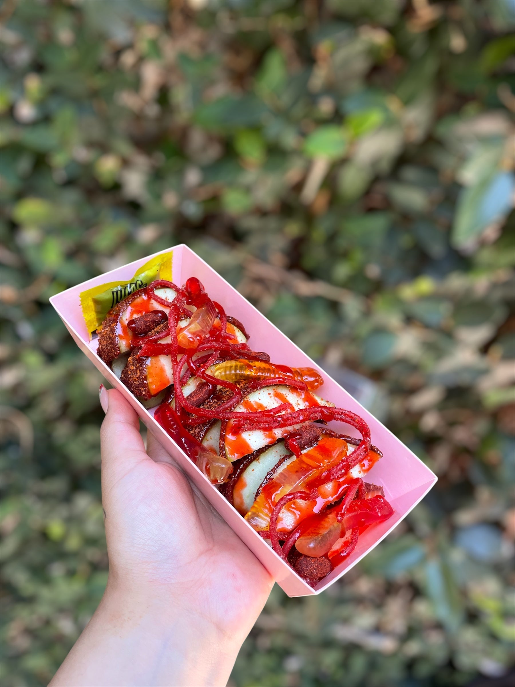 Gummy worm chamoy apple box